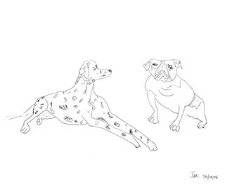 Old English bulldog and Dalmation: fine art archival quality print by Jeannette Kupfermann - A4 and A3