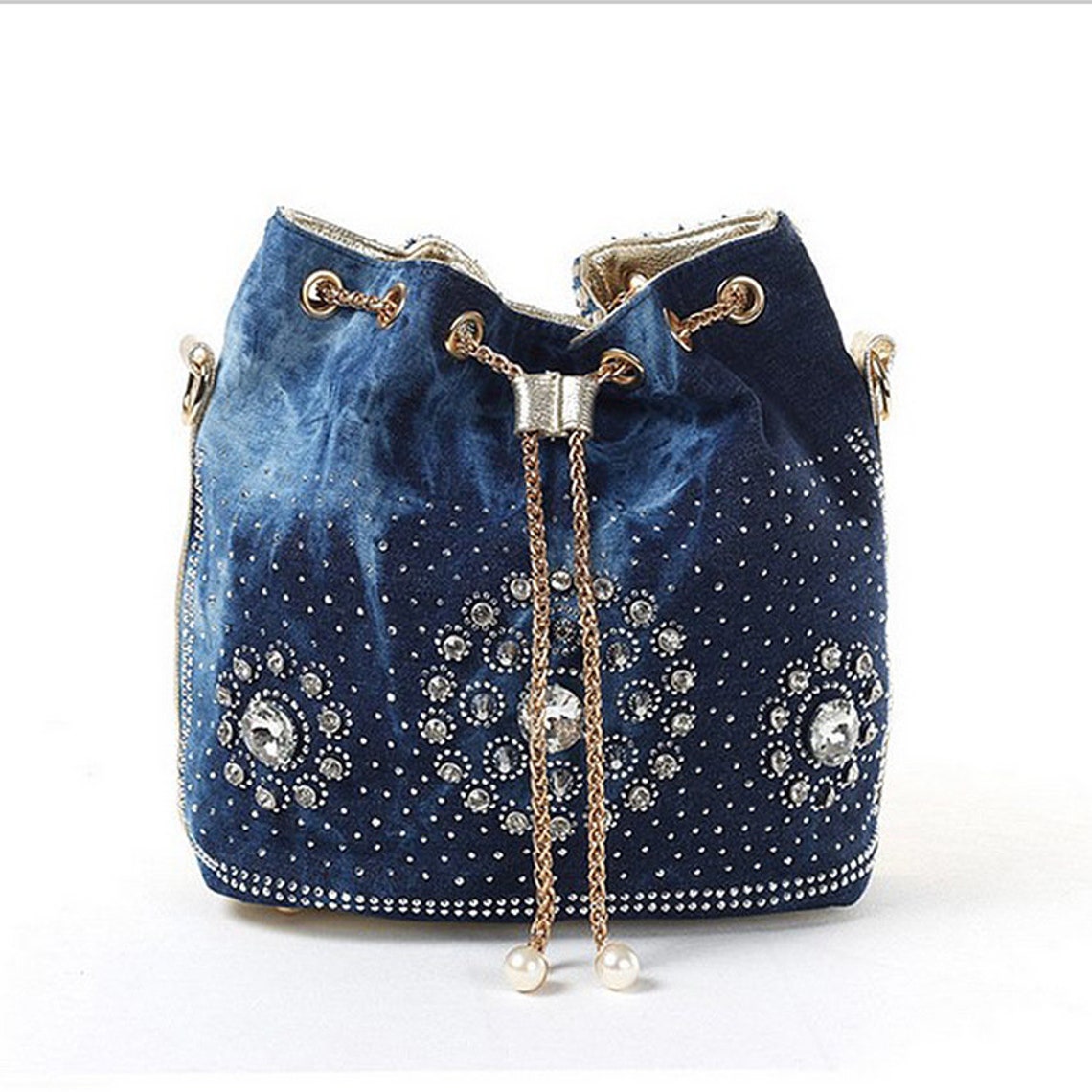 Women's Bag Fashion Bucket Bag Shoulder Slung Woven Rhinestone Chain ...