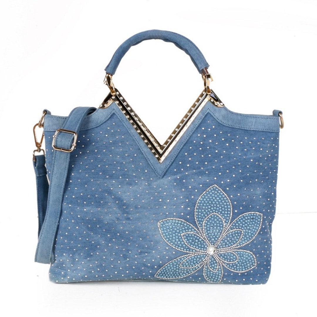 Pearl Handbag Fashion V-shaped Diamond Flower Bag Denim Canvas - Etsy