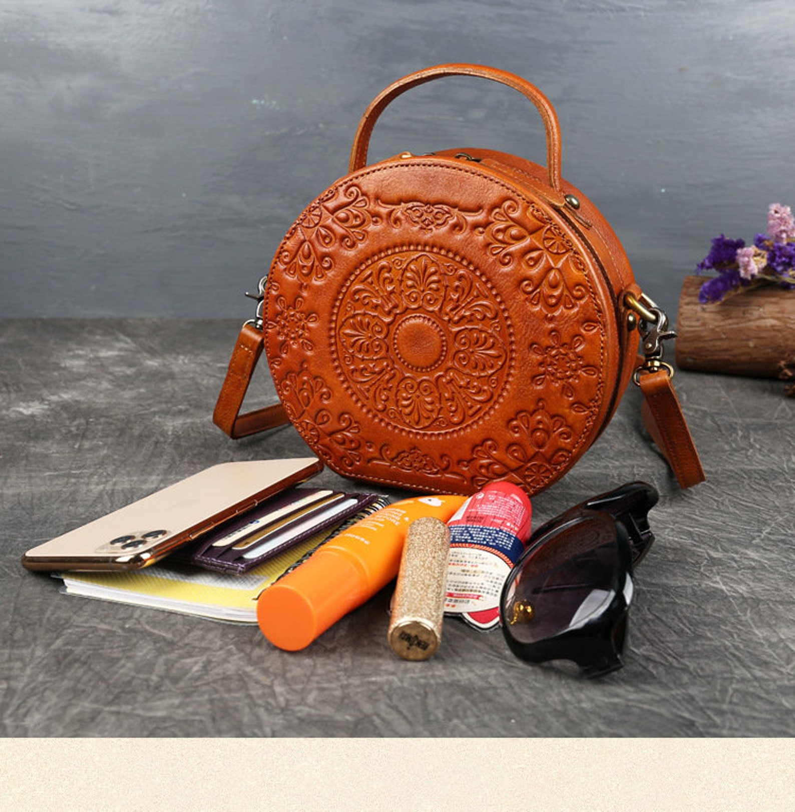 Leather Handbags Retro Small Round Bag Handbags Totem Etsy UK