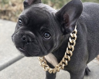 Gold Chain Dog Collar - 7/8 inch Wide Metal Cuban Link Dog Necklace with  Leather Belt, Lightweight Protect Puppy's Neck, Cute Fashion Dog Jewelry