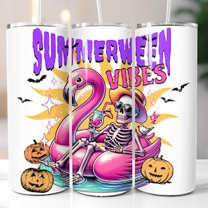 Summerween Vibes Skeleton 20 oz Tumbler Wrap PNG – Halloween Meets Summer Flamingo Sublimation Design – Funny Spooky Beach Cup -DIGITAL ONLY