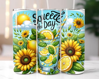 Squeeze the Day Lemon Tumbler Wrap PNG - Limonade, Sonnenblume & Minze Sommer Sublimationsdesign - 20 Unzen Skinny - NUR DIGITAL