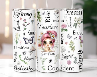 Positiva affirmationer tumbler wrap PNG – 20oz smal tumbler sublimeringsdesign – Stärkande, motiverande och inspirerande – ENDAST DIGITALT