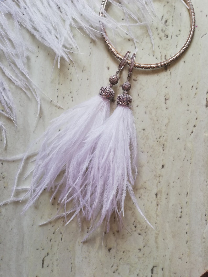 White bridal earrings with feather and crown Large drop wedding jewelry for bride or bridesmaidCrystal Bridal earrings