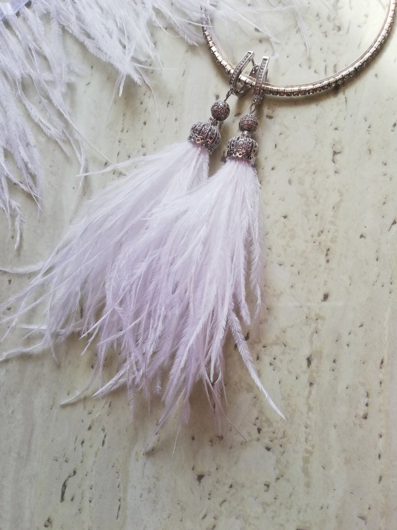 White bridal earrings with feather and crown Large drop wedding jewelry for bride or bridesmaidCrystal Bridal earrings
