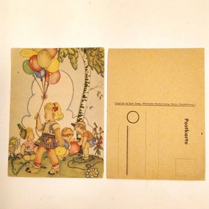Cartolina d'epoca, bambini, ragazza, palloncini, foresta. Berlino anni '40