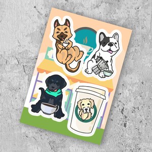 Foglio di adesivi divertenti e carini con cani da caffè, pacchetto di adesivi Labrador, adesivo Bulldog francese Bujo, adesivo per laptop Pastore tedesco, pacchetto Golden Retriever