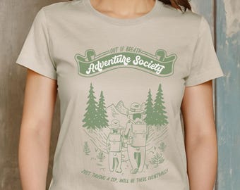 Koszulka turystyczna Adventure Society, koszulka na kemping, zabawny prezent retro dla wędrowców, odzież dla miłośników przyrody, koszulka do wspinaczki leśnej