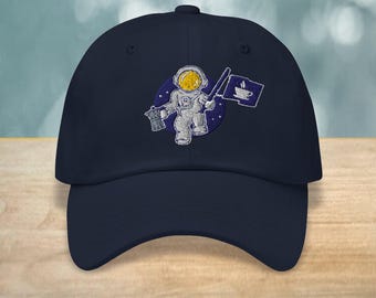 Czapka Astro Coffee z haftem, prezent dla astronauty i miłośnika kofeiny, wyjątkowa, oryginalna czapka kosmiczna, pływające nakrycie głowy w kolorze espresso, fajny kapelusz księżycowy