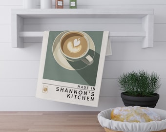 Cappuccino Latte Art Tea Towel, Personalized Cotton Kitchen Towel, Housewarming Gift, Custom Name Decor, Coffee Lover Accessoar