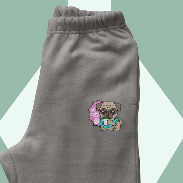 Embroidered Coffee Geek Pug Joggers, Gift Solving Pugblems, Embroidery Sweatpants with Dog, Kawaii Pug Trousers, Coffee and Pugs, Cozy Pants