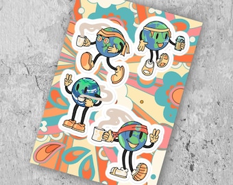 Cute Retro Earth Day Sticker Sheet, Green Living Planet Sticker, Hippie Friendly Kid Gift, Love Earth Stationary, Be Kind To Our Planet