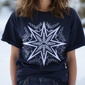 Northern star shirt, winter star tee, celestial tee shirt, Christmas tee shirt, Cottage Core star shirt, white snowflake tee shirt, gifts
