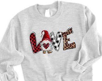 valentines day gnome sweatshirt, gnome sweatshirt, valentine leopard heart, buffalo plaid sweatshirt, with leopard, valentines day