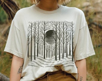 Woodland Tee Shirt for Women, Linocut like Block Prints, Forest with a Peeking Sun shirt, woodland t-shirt for women