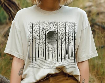 Woodland Tee Shirt for Women, Linocut like Block Prints, Forest with a Peeking Sun shirt, woodland t-shirt for women