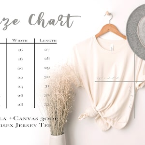 May include: Size chart for a unisex jersey tee, showing width and length measurements in inches for sizes XS to 3XL. The chart is printed on a white background with black text. The text "BELLA + CANVAS 3001 UNISEX JERSEY TEE" is printed below the chart.