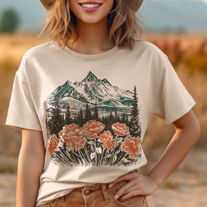 Vintage Botanical Shirt, Beauty of Nature tee, Sunset Wildflowers tee shirt,Poppy flower t-shirt, Cottage Core floral shirt