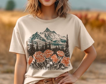 Vintage Botanical Shirt, Beauty of Nature tee, Sunset Wildflowers tee shirt,Poppy flower t-shirt, Cottage Core floral shirt