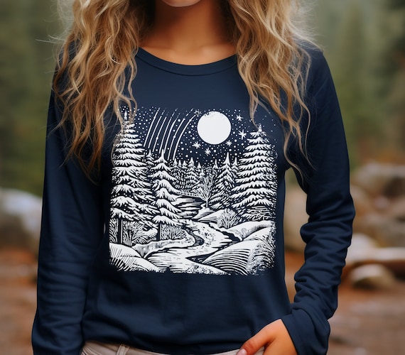 Winter landscape long sleeve shirt, holiday apparel, cozy apparel, scenic shirt, outdoor-inspired shirt, nature-inspired tee shirt