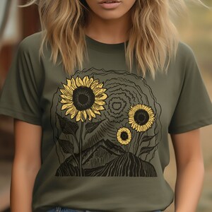 Vintage sunflowers mountain Shirt, Linocut like tee, Block print style Fall tee shirt, Autumn season t-shirt, Cottage Core shirt