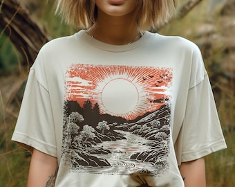 Sonnenuntergang Landschaft Vintage Shirt, Schönheit der Natur T-Shirt, Wanderoberteil, Fluss T-Shirt, Natur Sonne T-Shirt, Cottage Kernwald Shirt