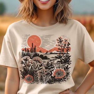 Vintage Botanical Shirt, Beauty of Nature tee, Sunset Wildflowers tee shirt,Poppy flower t-shirt, Cottage Core floral shirt