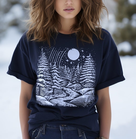 Winter landscape tee shirt, seasonal fashion tee, cozy apparel, scenic shirt, outdoor-inspired shirt, nature-inspired tee,unique outdoor tee