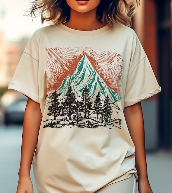 Vintage Mountains tee shirt,Nature tee, Wild forest tee shirt,Camping shirt, adventure t-shirt, Cottage Core hiking tee, block print like