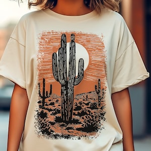 Vintage Desert Cactus Shirt, Beauty of Nature tee, Sunset in desert tee shirt,Camping t-shirt, Cottage Core Adventure shirt, Linocut tee