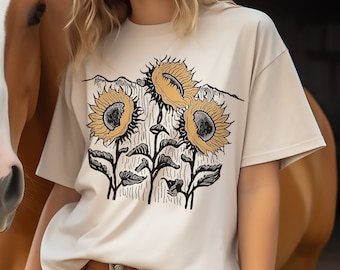 Vintage sunflowers tee, mountains Shirt, Linocut like tee, Block print style Fall tee shirt, Autumn season t-shirt, Cottage Core shirt