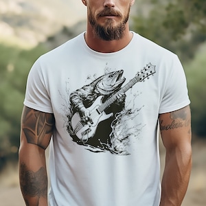 Trout Playing Guitar t, Funny Men&#39;s Shirt, Hilarious Gifts for Man, Funny Fishing Shirt, Camping T-Shirt, Fish Plays Guitar, Funny T-Shirt