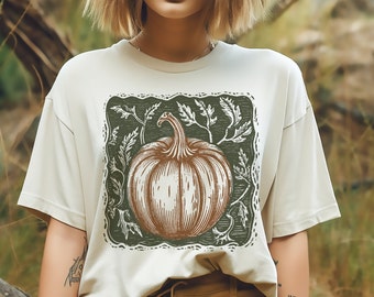 Vintage Pumpkin tarot card Shirt, Linocut like tee, Block print style Fall tee shirt, Autumn season t-shirt, Cottage Core shirt