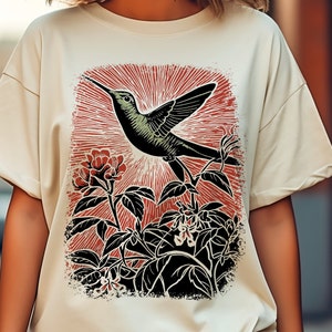 Block print humming bird Shirt, Hummingbird Shirt, linocut Birds T-shirt, vintage Nature Tee, distressed Hummingbird, Bird botanical Shirt