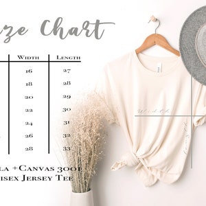 May include: Size chart for a unisex jersey tee, showing width and length measurements in inches for sizes XS to 3XL. The chart is printed on a white background with black text. The text "BELLA + CANVAS 3001 UNISEX JERSEY TEE" is printed below the chart.