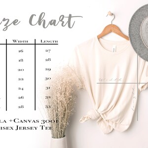 May include: Size chart for a unisex jersey tee shirt. The chart shows the width and length measurements in inches for sizes XS to 3XL. The text "BELLA + CANVAS 3001 UNISEX JERSEY TEE" is at the bottom of the chart.