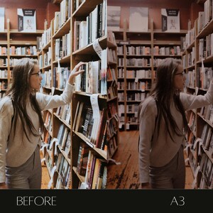 Pu&ograve; includere: Una donna in una libreria che sfoglia gli scaffali, raggiungendo un libro. Gli scaffali sono pieni di libri e la stanza &egrave; ben illuminata.