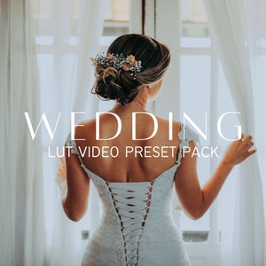 May include: A bride in a white wedding dress with a floral crown stands in front of a window with white curtains. The text "WEDDING LUT VIDEO PRESET PACK" is displayed on the image.