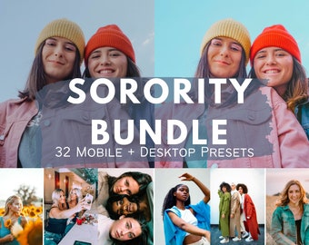 May include: A digital product bundle of 32 mobile and desktop presets for photo editing. The image shows three women wearing colorful hats and smiling at the camera. The text "SORORITY BUNDLE" and "32 MOBILE + DESKTOP PRESETS" is displayed on a blue background.