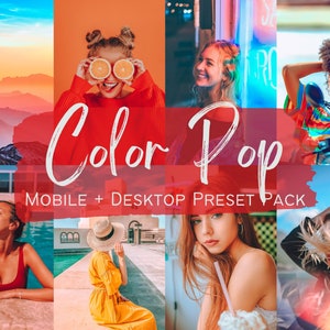 以下が含まれることがあります： 「Color Pop」モバイルとデスクトップのプリセットパックを紹介する画像のコラージュ。画像は、さまざまな設定で、鮮やかな色とポップアートの美学を持つ人々をフィーチャーしています。