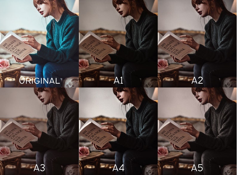 Pu&ograve; includere: Una donna &egrave; seduta su un divano e legge un libro intitolato "101 saggi che cambieranno il tuo modo di pensare". Il libro &egrave; aperto e lei lo tiene con entrambe le mani. Indossa un maglione verde scuro e jeans blu. Il divano &egrave; di colore marrone chiaro e c'&egrave; un tavolino davanti a lei con un fiore rosa sopra.