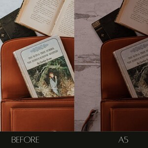 Pu&ograve; includere: Una borsa di pelle marrone con una tasca con cerniera. Un libro intitolato "The Witch Tree Symbol: The Hidden Window Mystery" di Carolya Kome &egrave; all'interno della borsa.