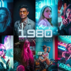 May include: A collection of eight retro-style Lightroom mobile presets with a 1980s theme. The presets feature neon colors, bright lights, and a vintage aesthetic. The presets are perfect for photographers who want to add a unique and nostalgic touch to their photos.