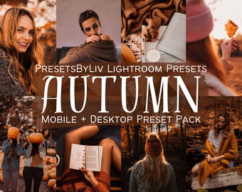 May include: A collage of images showcasing autumnal scenes, including a woman holding a leaf, a woman reading a book, and a woman wearing a hat. The text "PRESETSBYLIV LIGHTROOM PRESETS AUTUMN MOBILE + DESKTOP PRESET PACK" is displayed on a brown background.