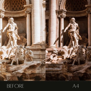Pu&ograve; includere: Un confronto affiancato di una foto della Fontana di Trevi a Roma, Italia. L'immagine a sinistra &egrave; la foto originale, e l'immagine a destra &egrave; la stessa foto con un filtro applicato. La fontana &egrave; in marmo bianco e presenta una statua di Oceano, il dio del mare, su un carro trainato da ippocampi. La fontana &egrave; circondata da una grande piscina d'acqua.