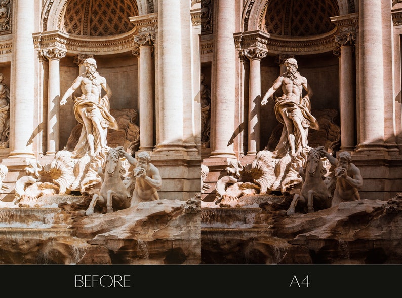 Pu&ograve; includere: Un confronto affiancato di una foto della Fontana di Trevi a Roma, Italia. L'immagine a sinistra &egrave; la foto originale, e l'immagine a destra &egrave; la stessa foto con un filtro applicato. La fontana &egrave; in marmo bianco e presenta una statua di Oceano, il dio del mare, su un carro trainato da ippocampi. La fontana &egrave; circondata da una grande piscina d'acqua.