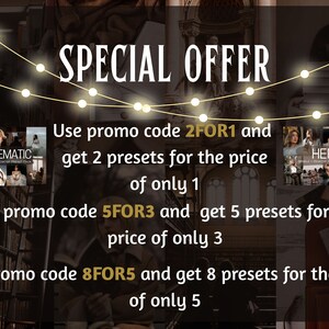 Pu&ograve; includere: Una grafica di offerta speciale con una ghirlanda di luci e testo che recita "OFFERTA SPECIALE". Il testo sotto le luci recita "Utilizza il codice promozionale 2FOR1 e ottieni 2 preset al prezzo di solo 1". Il testo sotto quello recita "Utilizza il codice promozionale 5FOR3 e ottieni 5 preset al prezzo di solo 3". Il testo sotto quello recita "Utilizza il codice promozionale 8FOR5 e ottieni 8 preset al prezzo di solo 5".