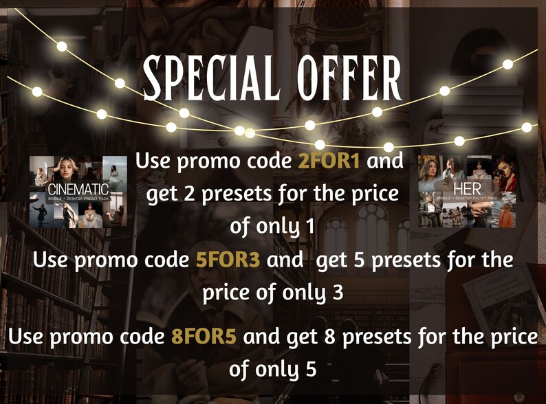 Pu&ograve; includere: Una grafica di offerta speciale con una ghirlanda di luci e testo che recita "OFFERTA SPECIALE". Il testo sotto le luci recita "Utilizza il codice promozionale 2FOR1 e ottieni 2 preset al prezzo di solo 1". Il testo sotto quello recita "Utilizza il codice promozionale 5FOR3 e ottieni 5 preset al prezzo di solo 3". Il testo sotto quello recita "Utilizza il codice promozionale 8FOR5 e ottieni 8 preset al prezzo di solo 5".