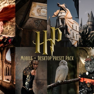 May include: A collage of images featuring a Hogwarts-themed preset pack for mobile and desktop. The images include a woman sleeping, a castle, a train, a wizard, an owl, and a map.